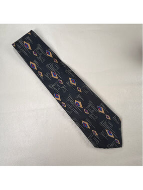 7th Ave 100% Silk Tie Black Geometric Diamond Necktie Red Blue Gold 3.5”n